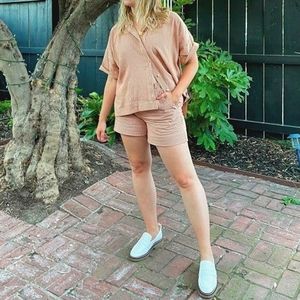 Everlane Easy Short & Drapey Shirt set in burnt orange gingham check